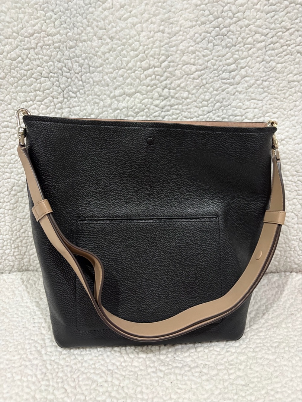 Black Pebbled Leather Shoulder Bag with Beige Strap